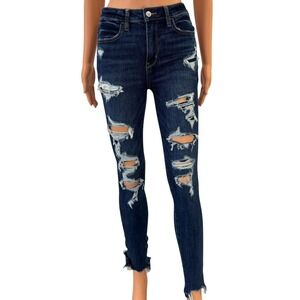 American Eagle Skinny Jeans Womens 2 Short Dark Wash Distressed Ripped FrayedHem